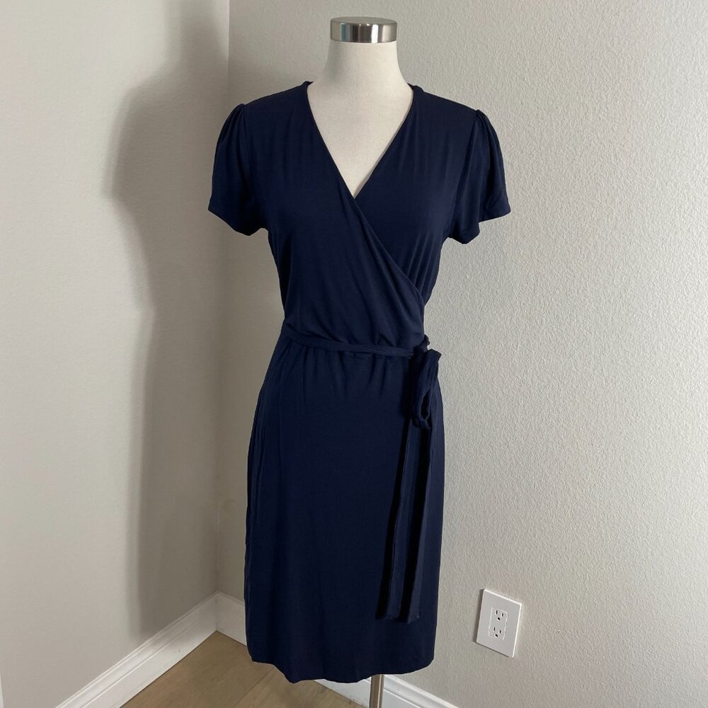Boden Womens 14R Navy Short Sleeve Wrap Dress Knee‎ Length Stretch V Neck